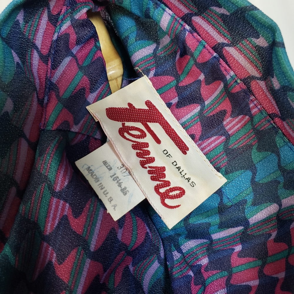 Femme of Dallas 80's Sheer Multicolor Belted Long Sleeve Dress Blue Pink XL USA - Picture 4 of 5